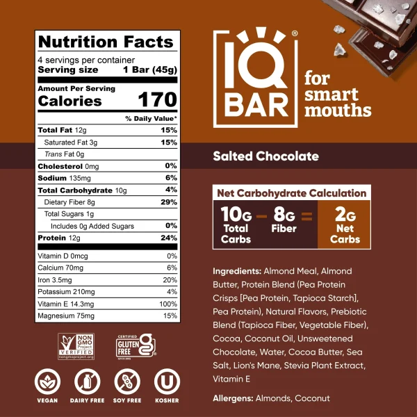 IQBAR Salted Chocolate Protein Bars - Vegan Energy Bars - High Fiber Vegan Snacks - 4 Count Box - Image 2