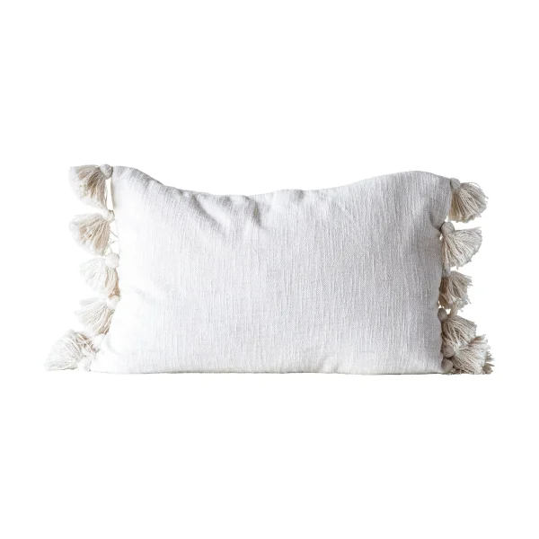 Creative Co-Op Woven Cotton Slub Lumbar Pillow with Tassels, Cream