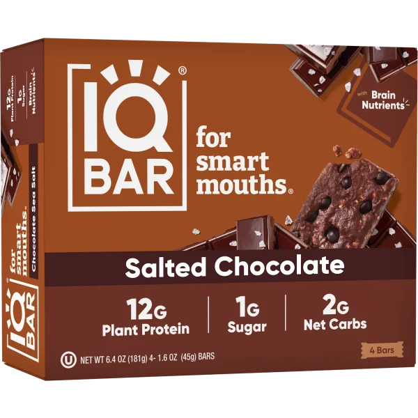 IQBAR Salted Chocolate Protein Bars - Vegan Energy Bars - High Fiber Vegan Snacks - 4 Count Box