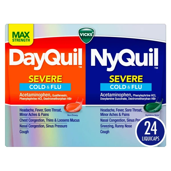 Vicks DayQuil and NyQuil Severe Cold and Flu Liquicaps, Cold and Flu Medicine for Adults, 24 Count