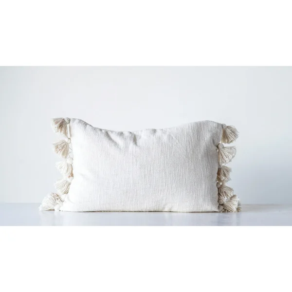 Creative Co-Op Woven Cotton Slub Lumbar Pillow with Tassels, Cream - Image 3