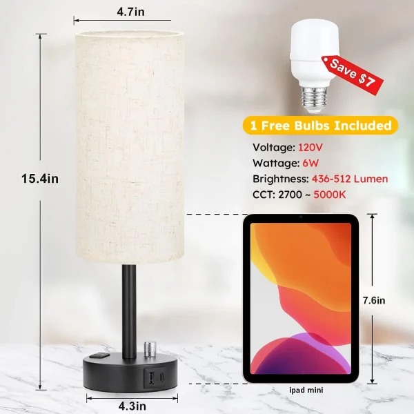 Bedside Table Lamp, Fully Dimmable Lamp with USB C&A Fast Charging Port, AC Outlet, Lamp with Linen Fabric Shade and Black Base for Bedroom Living Room, Office, Dorm - Image 5