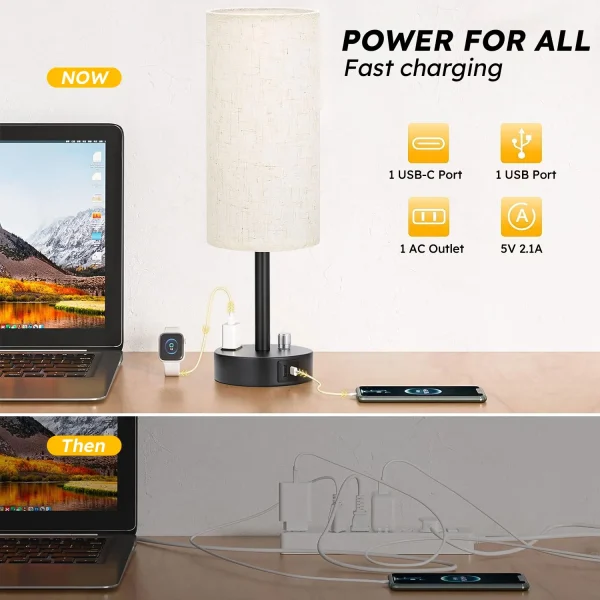 Bedside Table Lamp, Fully Dimmable Lamp with USB C&A Fast Charging Port, AC Outlet, Lamp with Linen Fabric Shade and Black Base for Bedroom Living Room, Office, Dorm - Image 2